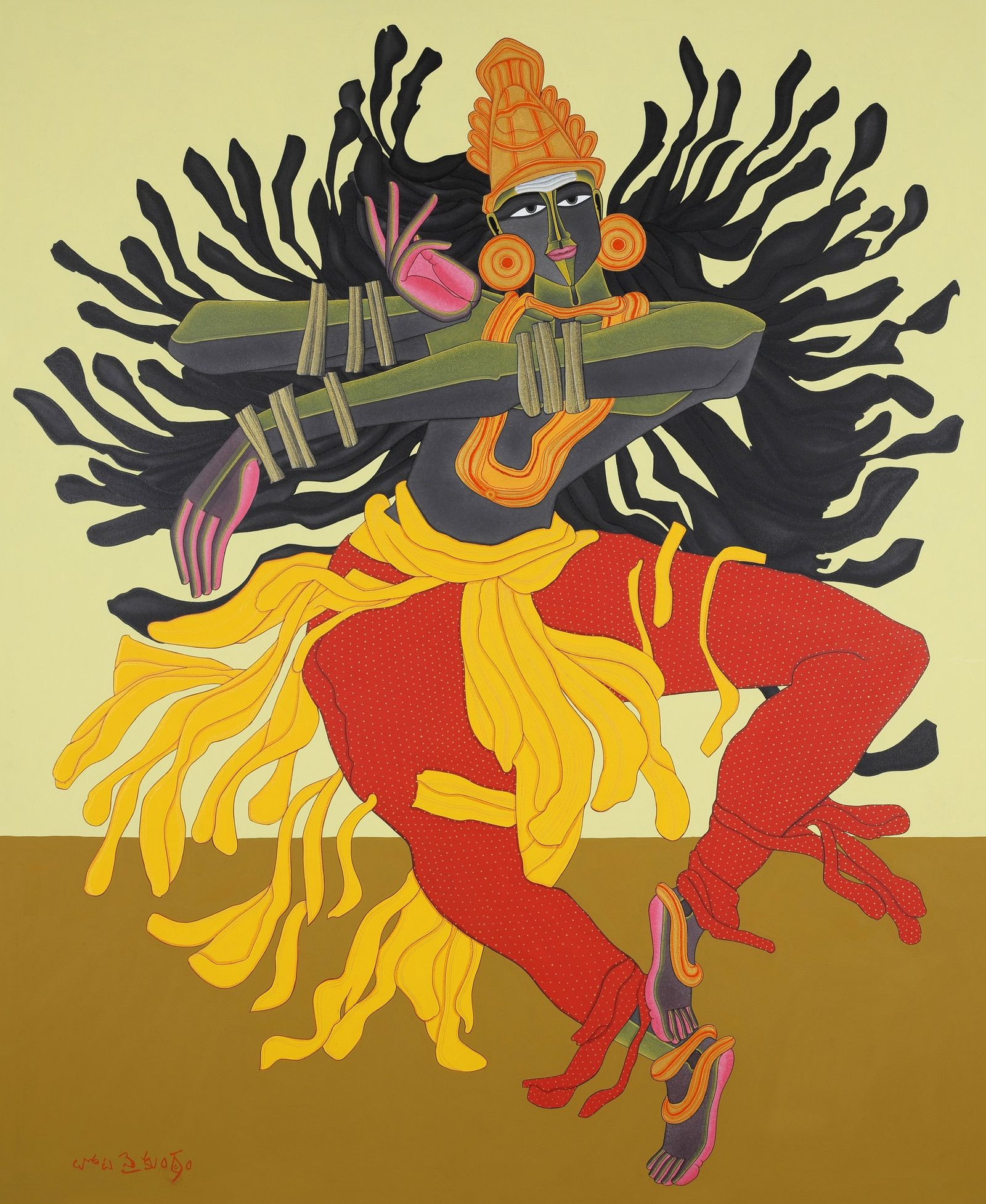 Thota Vaikuntam, Untitled, archival ink on canvas, 24 × 20 in: a dark-skinned, multi-armed Nataraja dancing with a veena, in saffron and red robes on a pale celadon and umber ground