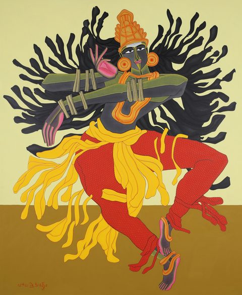 Thota Vaikuntam, Untitled, archival ink on canvas, 24 × 20 in: a dark-skinned, multi-armed Nataraja dancing with a veena, in saffron and red robes on a pale celadon and umber ground