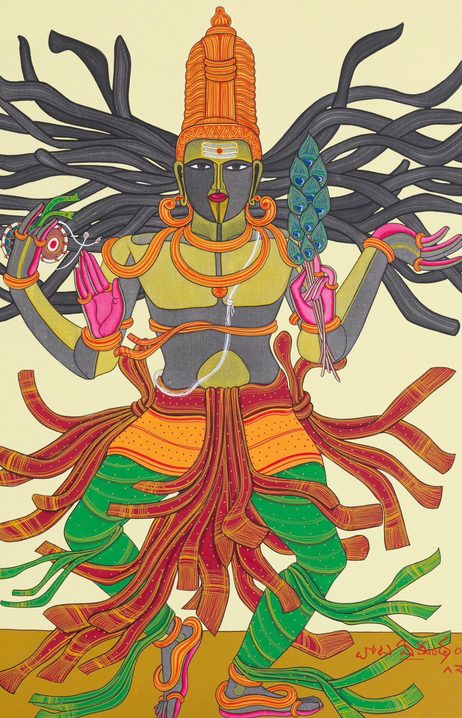 Thota Vaikuntam, Untitled, archival ink on canvas, 30 × 19 in: an olive-skinned Nataraja with many arms fanned like a wheel, holding a peacock plume and serpent, in crimson, saffron and green garments on a celadon ground
