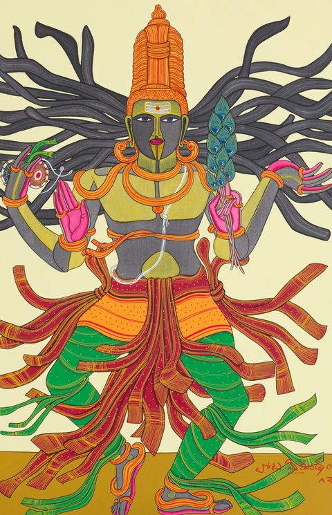 Thota Vaikuntam, Untitled, archival ink on canvas, 30 × 19 in: an olive-skinned Nataraja with many arms fanned like a wheel, holding a peacock plume and serpent, in crimson, saffron and green garments on a celadon ground