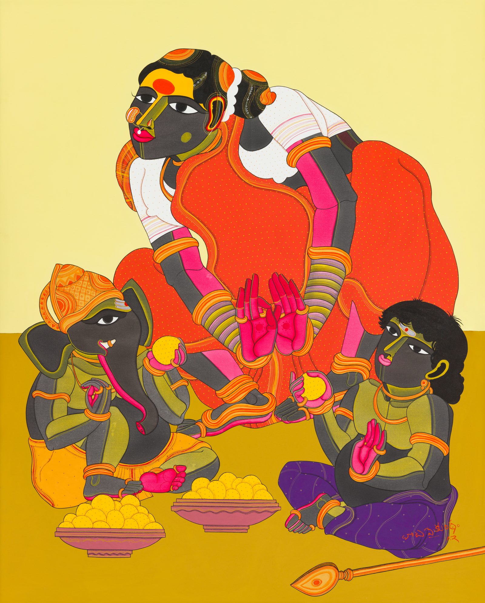 Thota Vaikuntam, Untitled, archival ink on canvas, 26 × 21 in: a woman in an orange sari bending over two children seated with bowls of sweets and fruit, on a pale yellow and ochre ground
