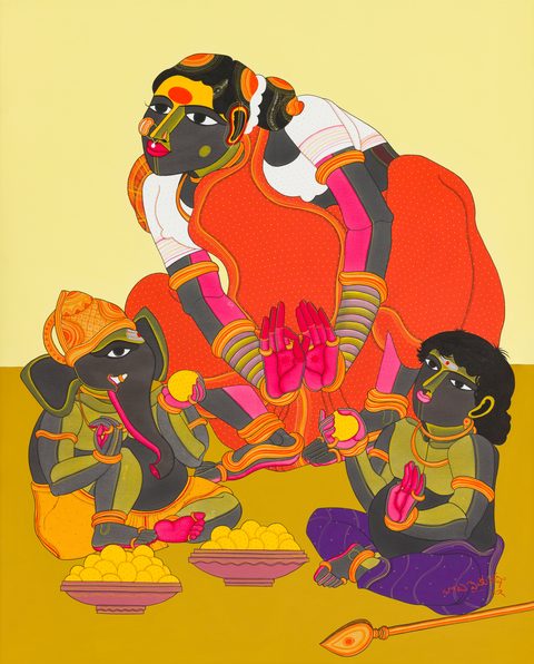Thota Vaikuntam, Untitled, archival ink on canvas, 26 × 21 in: a woman in an orange sari bending over two children seated with bowls of sweets and fruit, on a pale yellow and ochre ground