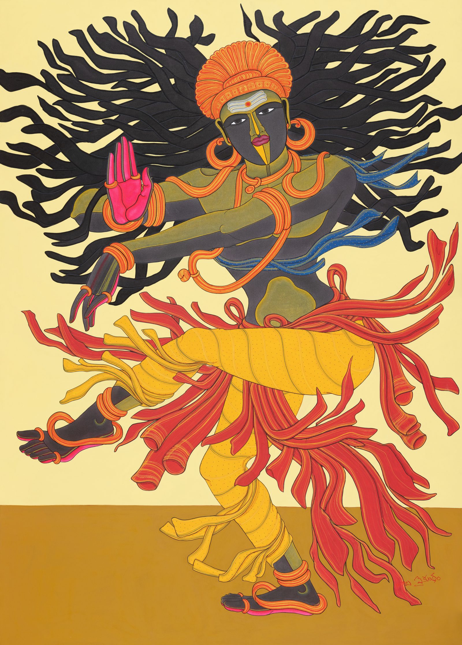 Thota Vaikuntam, Untitled, archival ink on canvas, 27 × 20 in: Nataraja dancing, black hair fanned out like flames, in saffron and red robes on a pale yellow ground