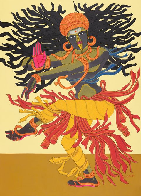 Thota Vaikuntam, Untitled, archival ink on canvas, 27 × 20 in: Nataraja dancing, black hair fanned out like flames, in saffron and red robes on a pale yellow ground