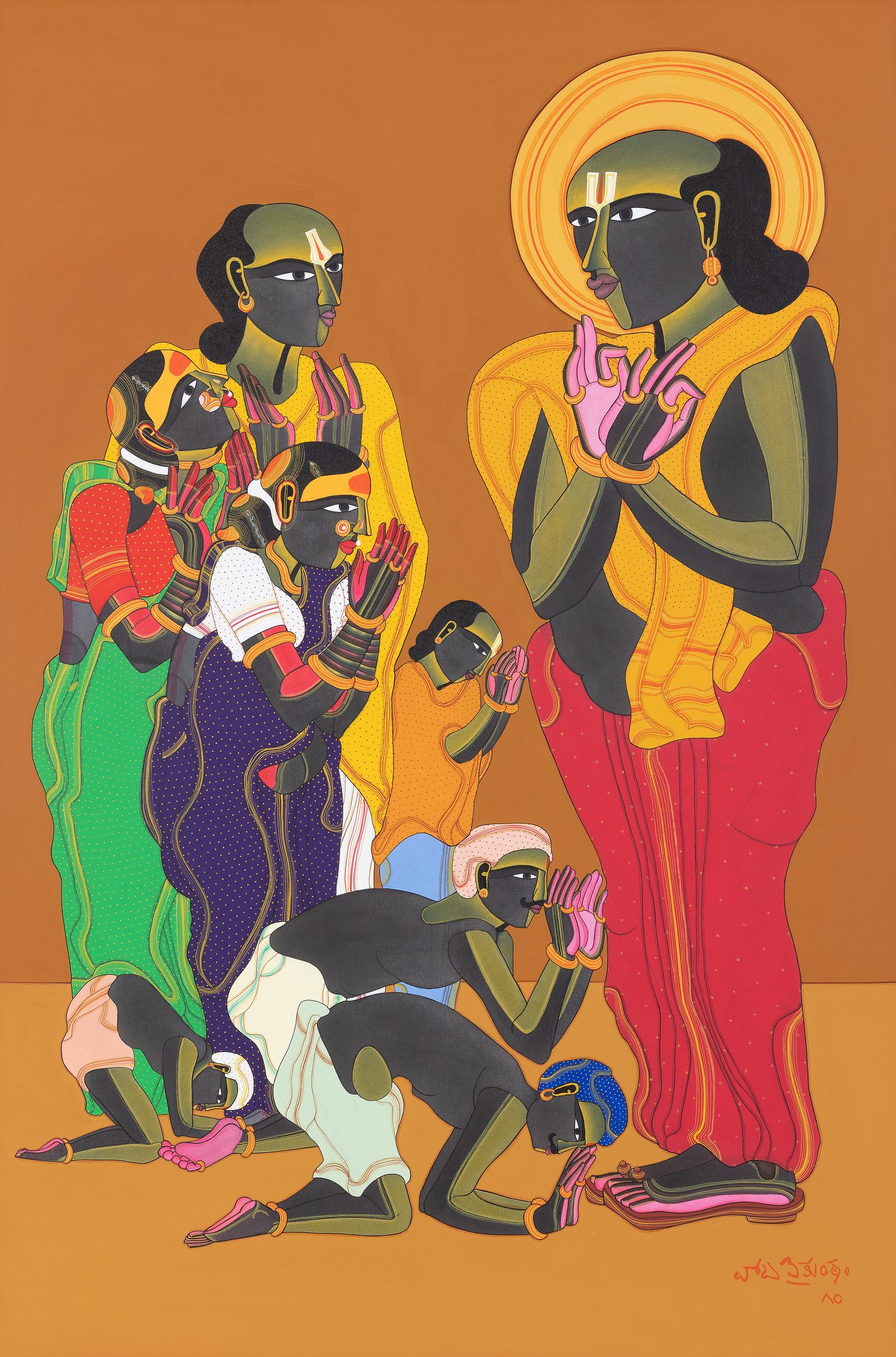 Thota Vaikuntam, Untitled, archival ink on canvas, 29 × 20 in: a haloed standing figure in red and gold with folded hands, a family of worshippers kneeling at his feet, on an ochre ground