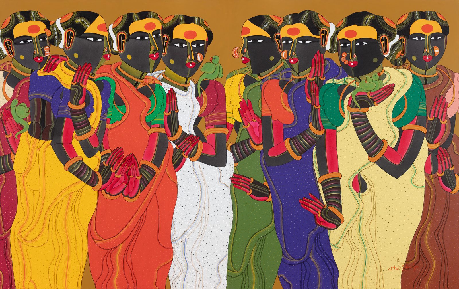 Thota Vaikuntam, Untitled, archival ink on canvas, 20 × 31 in: a row of Telangana women in red, green, white and yellow saris with folded hands, pressed close together and filling the frame