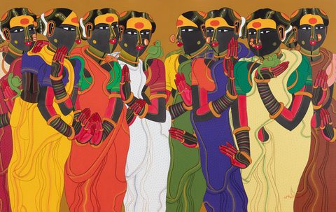 Thota Vaikuntam, Untitled, archival ink on canvas, 20 × 31 in: a row of Telangana women in red, green, white and yellow saris with folded hands, pressed close together and filling the frame
