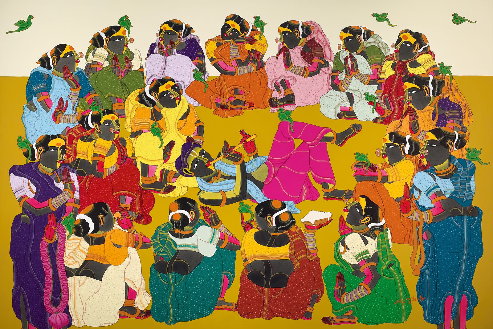 Thota Vaikuntam, Untitled, archival ink on canvas, 21 × 31 in: village women and men seated in a circle on a mustard ground with parrots above, one figure playing a stringed instrument