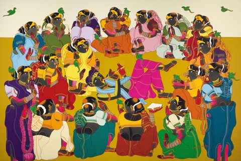 Thota Vaikuntam, Untitled, archival ink on canvas, 21 × 31 in: village women and men seated in a circle on a mustard ground with parrots above, one figure playing a stringed instrument