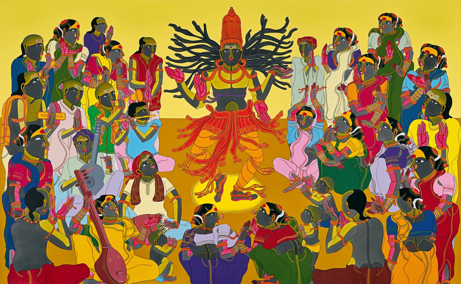 Thota Vaikuntam, Untitled, archival ink on canvas, 21 × 32 in: a crowd of seated villagers around a dancing Nataraja at the centre, on a mustard ground