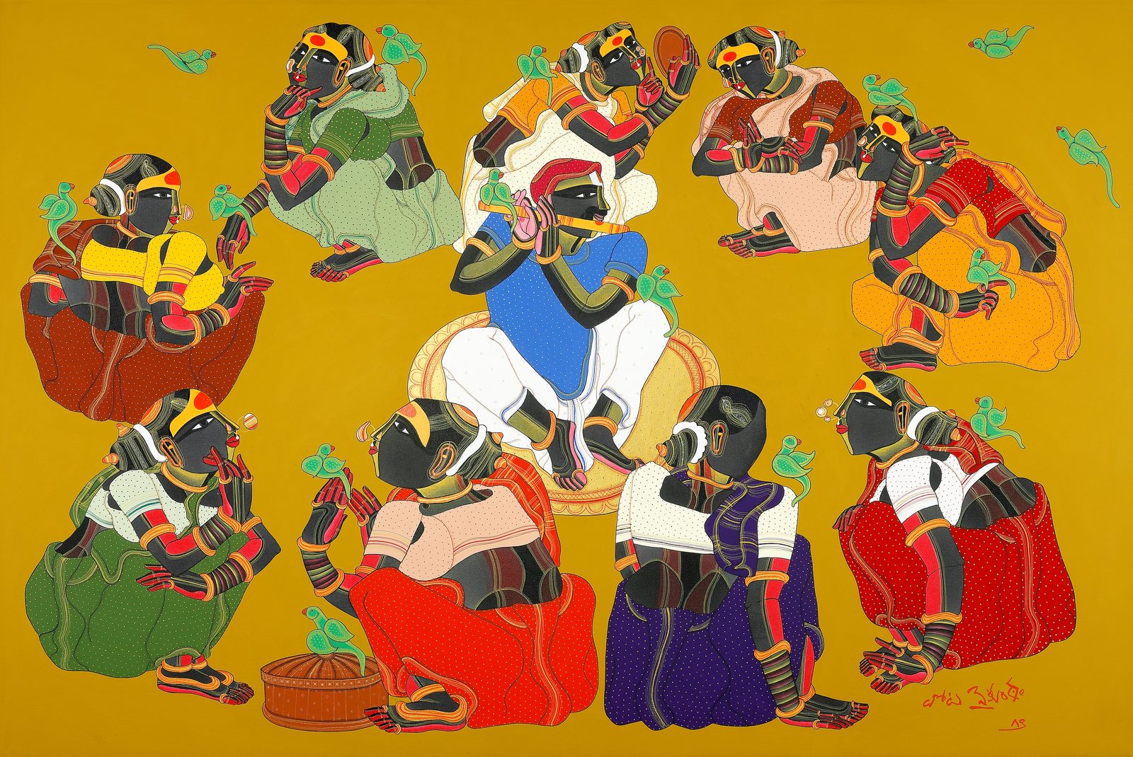 Thota Vaikuntam, Untitled, archival ink on canvas, 22 × 33 in: village women seated in a circle around a standing figure in white and blue, parrots above, on a mustard ground