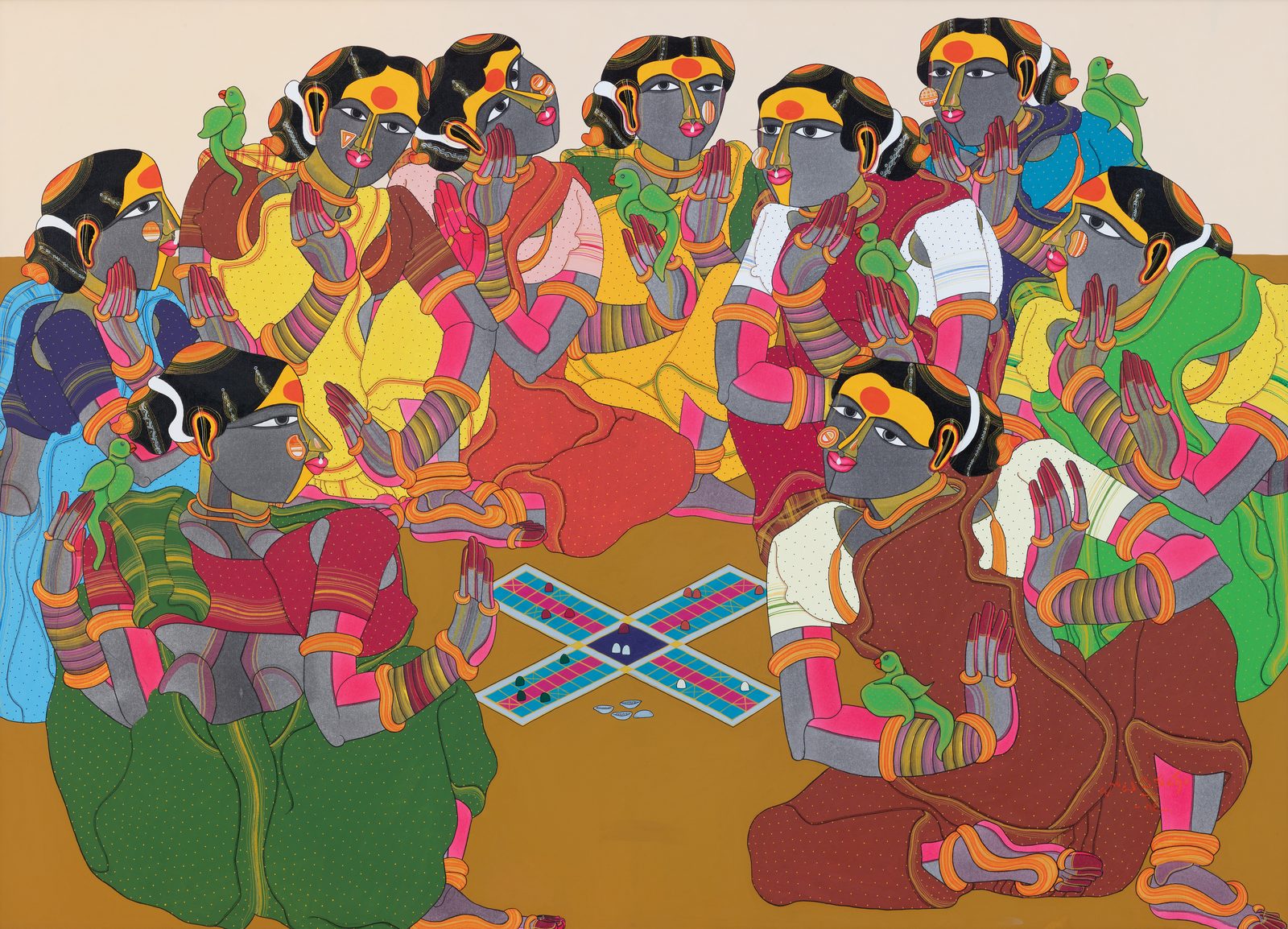 Thota Vaikuntam, Untitled, archival ink on canvas, 23 × 33 in: women in bright saris gathered around a cross-shaped board game laid on the floor, on a mustard ground