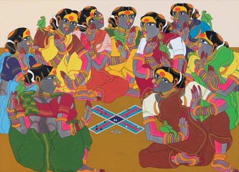 Thota Vaikuntam, Untitled, archival ink on canvas, 23 × 33 in: women in bright saris gathered around a cross-shaped board game laid on the floor, on a mustard ground