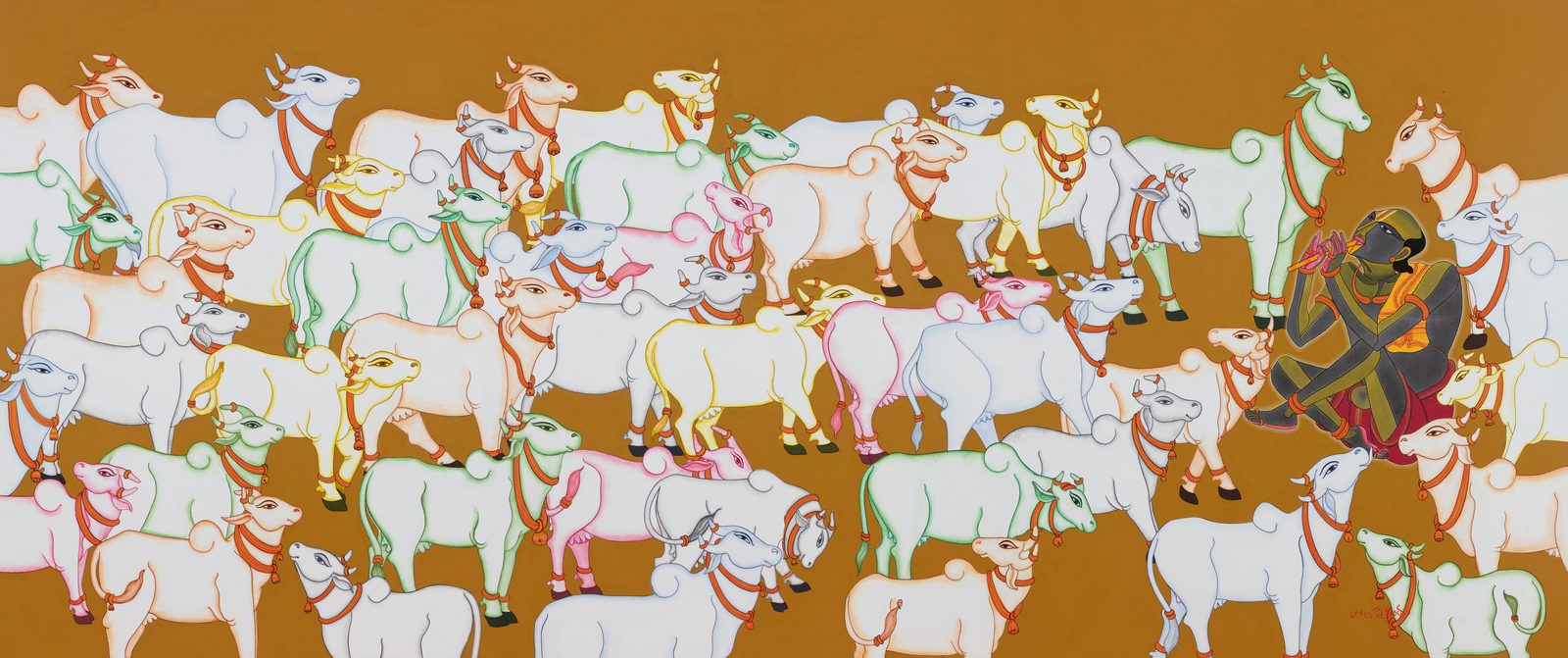 Thota Vaikuntam, Untitled, archival ink on canvas, 20 × 47 in: a herd of white cows with a dark-skinned cowherd standing among them, on a mustard ground