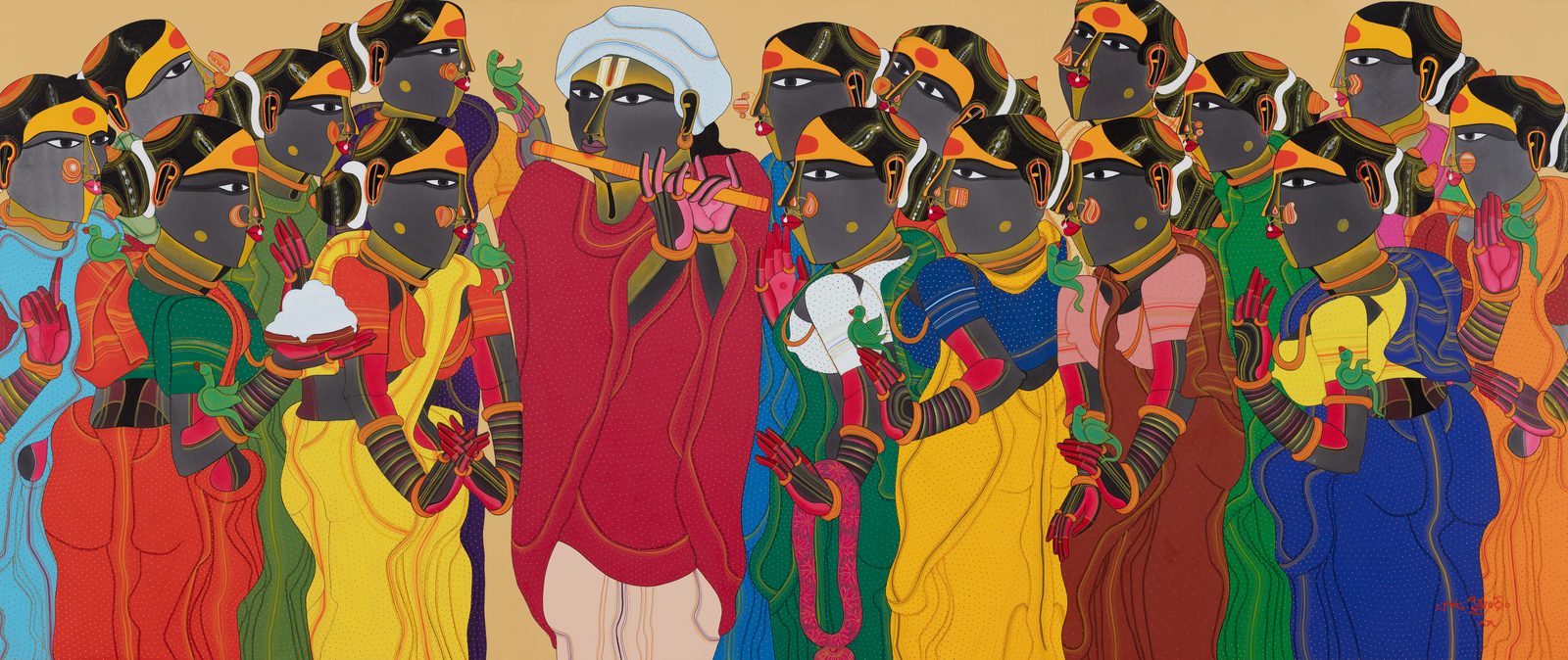 Thota Vaikuntam, Untitled, archival ink on canvas, 21 × 47 in: a dense crowd of Telangana women in bright saris with a turbaned man in red at the centre, filling the frame