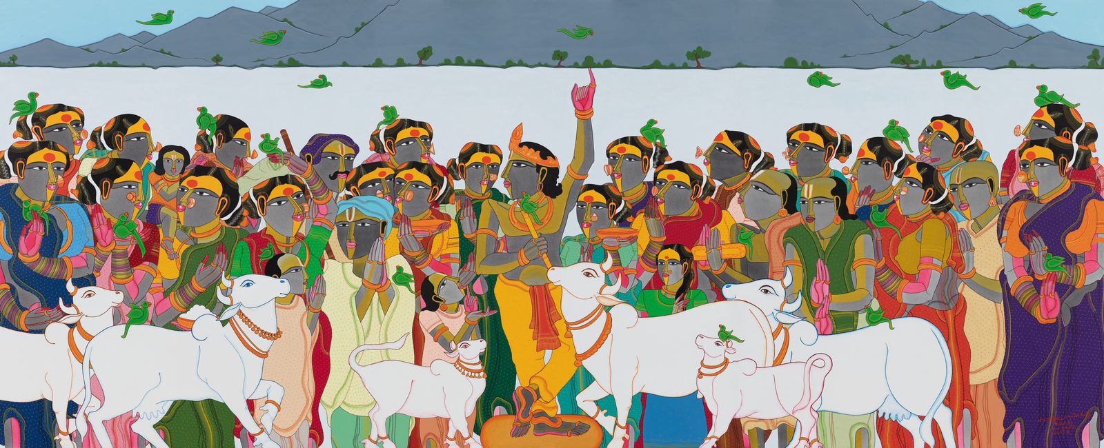 Thota Vaikuntam, Untitled, archival ink on canvas, 21 × 51 in: a large gathering of villagers with white cows and a flute player, under a pale sky with blue hills and birds