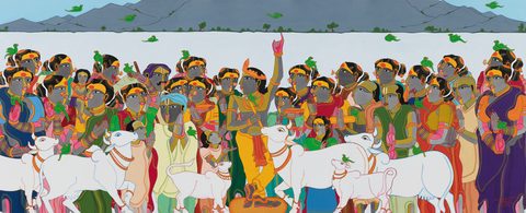 Thota Vaikuntam, Untitled, archival ink on canvas, 21 × 51 in: a large gathering of villagers with white cows and a flute player, under a pale sky with blue hills and birds