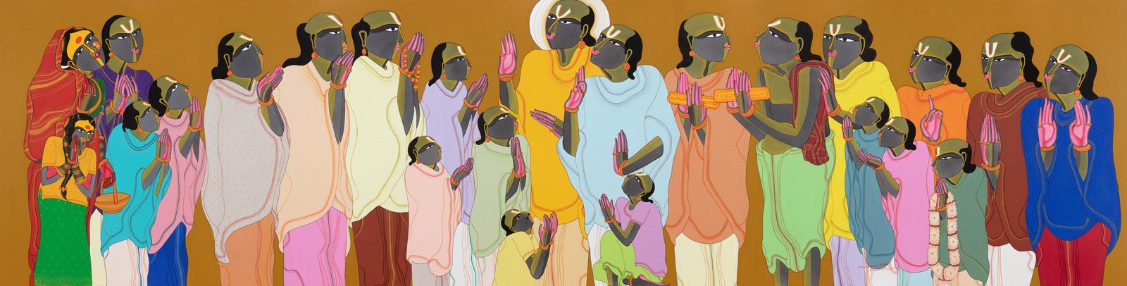 Thota Vaikuntam, Untitled, archival ink on canvas, 20 × 77 in: a long frieze of standing village women and men in saris and dhotis, on a mustard ground