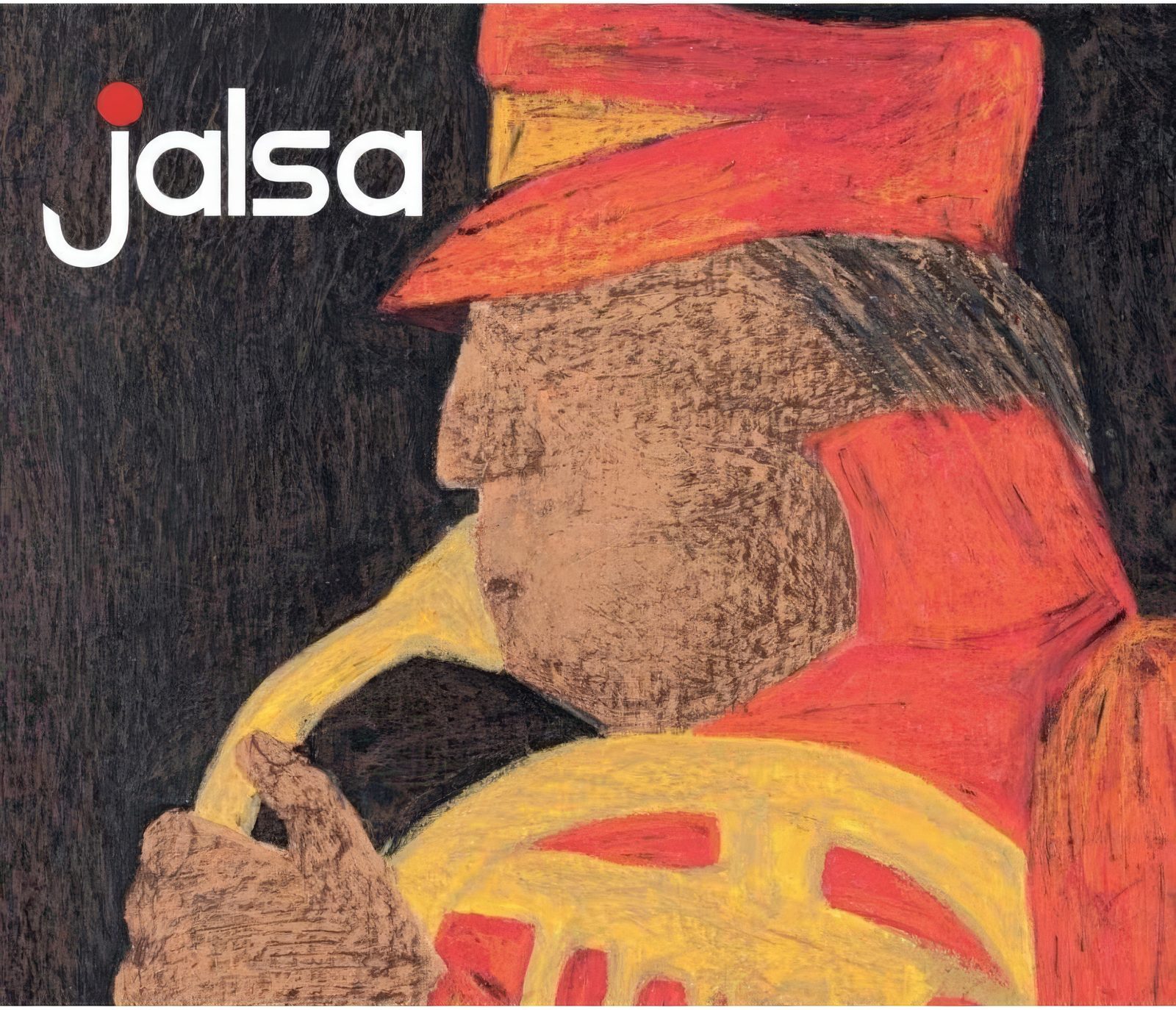 Jalsa exhibition poster: a painting of a musician in a red turban playing a brass instrument against a dark ground, with the Jalsa wordmark