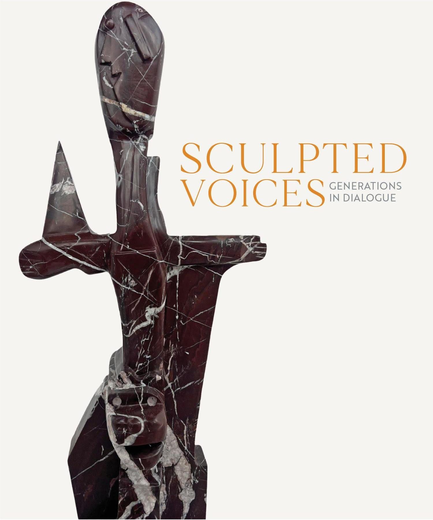 Sculpted Voices: Generations in Dialogue exhibition poster with a dark veined-marble abstract standing sculpture on an off-white ground