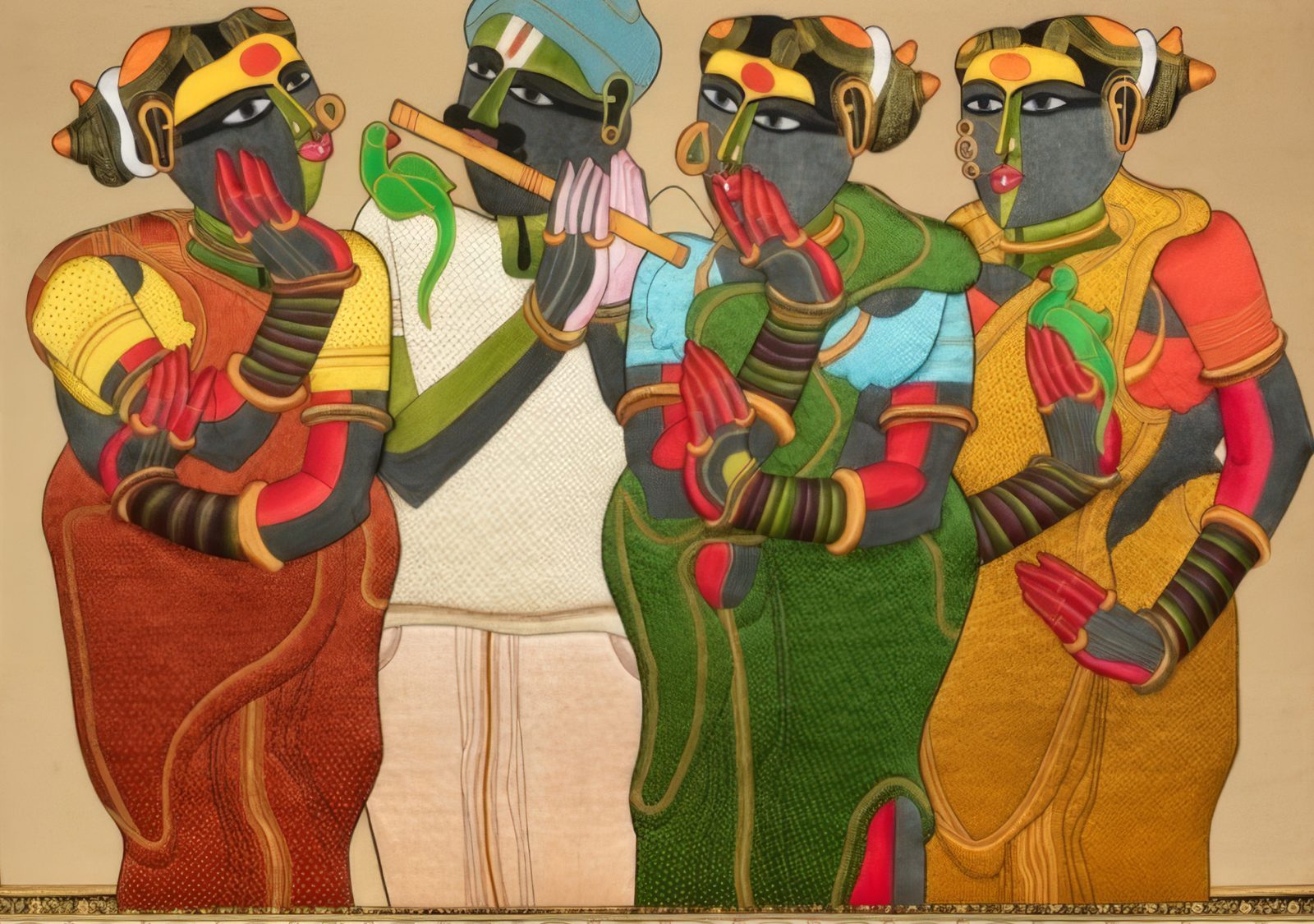 Zardozi embroidery after a Thota Vaikuntam painting, from Threads of Tradition: three Telangana women in red, green and yellow saris and a man in a blue turban playing a flute, with green parrots