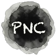 PNC monogram logo in white letters on a black ink blot