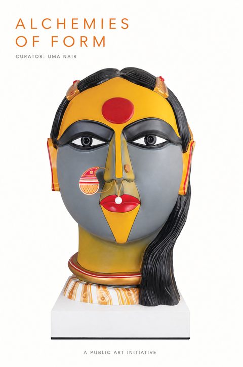 Redesigned cover of Alchemies of Form: Thota Vaikuntam’s painted fibreglass head of a Telangana woman on white, the title in thin orange capitals, curator Uma Nair