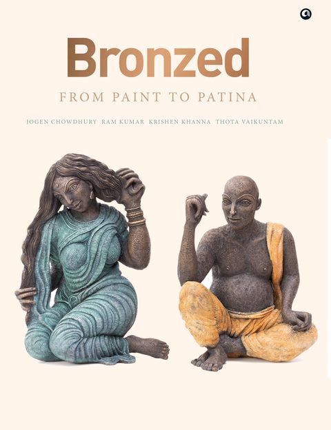 Cover of Bronzed: From Paint to Patina: two patinated bronze figures, a seated woman and a seated man, on a cream ground