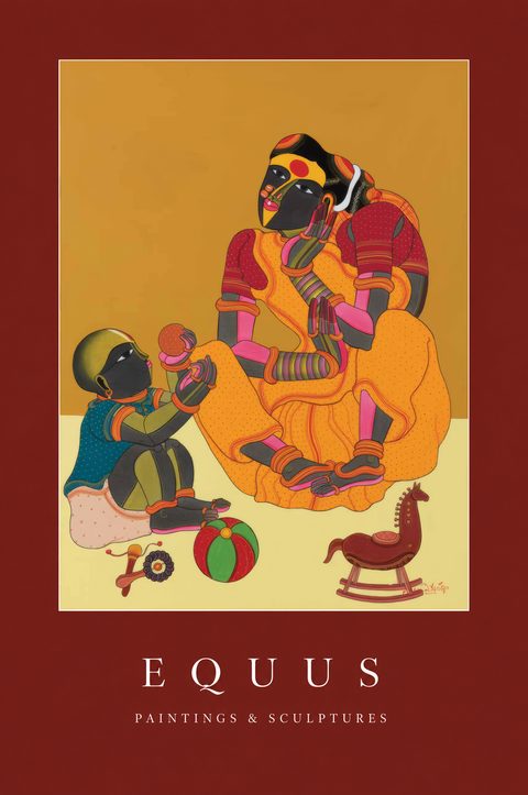 Redesigned cover of Equus: Thota Vaikuntam’s acrylic of a seated woman with a child and a toy horse, framed by a white keyline on deep terracotta, the title in white serif capitals