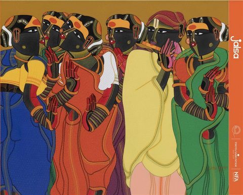 Cover of Jalsa: a Thota Vaikuntam painting of a group of Telangana women in brightly coloured saris, with an orange band carrying the Jalsa mark