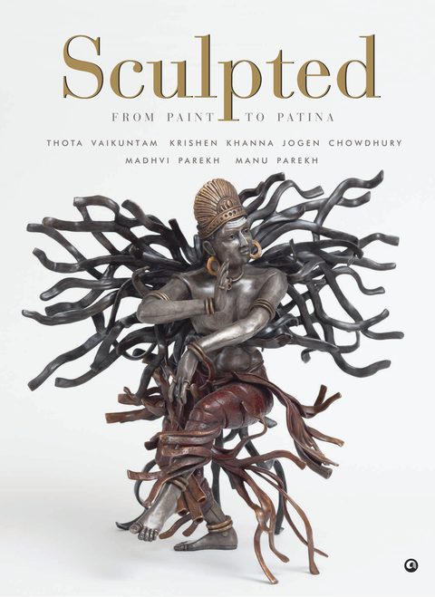 Cover of Sculpted: From Paint to Patina: a bronze figure with radiating branch-like forms, with the artists’ names beneath the title
