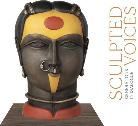 Cover of Sculpted Voices: Generations in Dialogue: a Thota Vaikuntam bronze head with nose ring and yellow-painted forehead, title in orange type