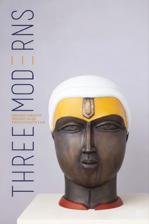 Cover of Three Moderns: a Thota Vaikuntam bronze head with a white turban and yellow-painted forehead on a pedestal, with the title set vertically